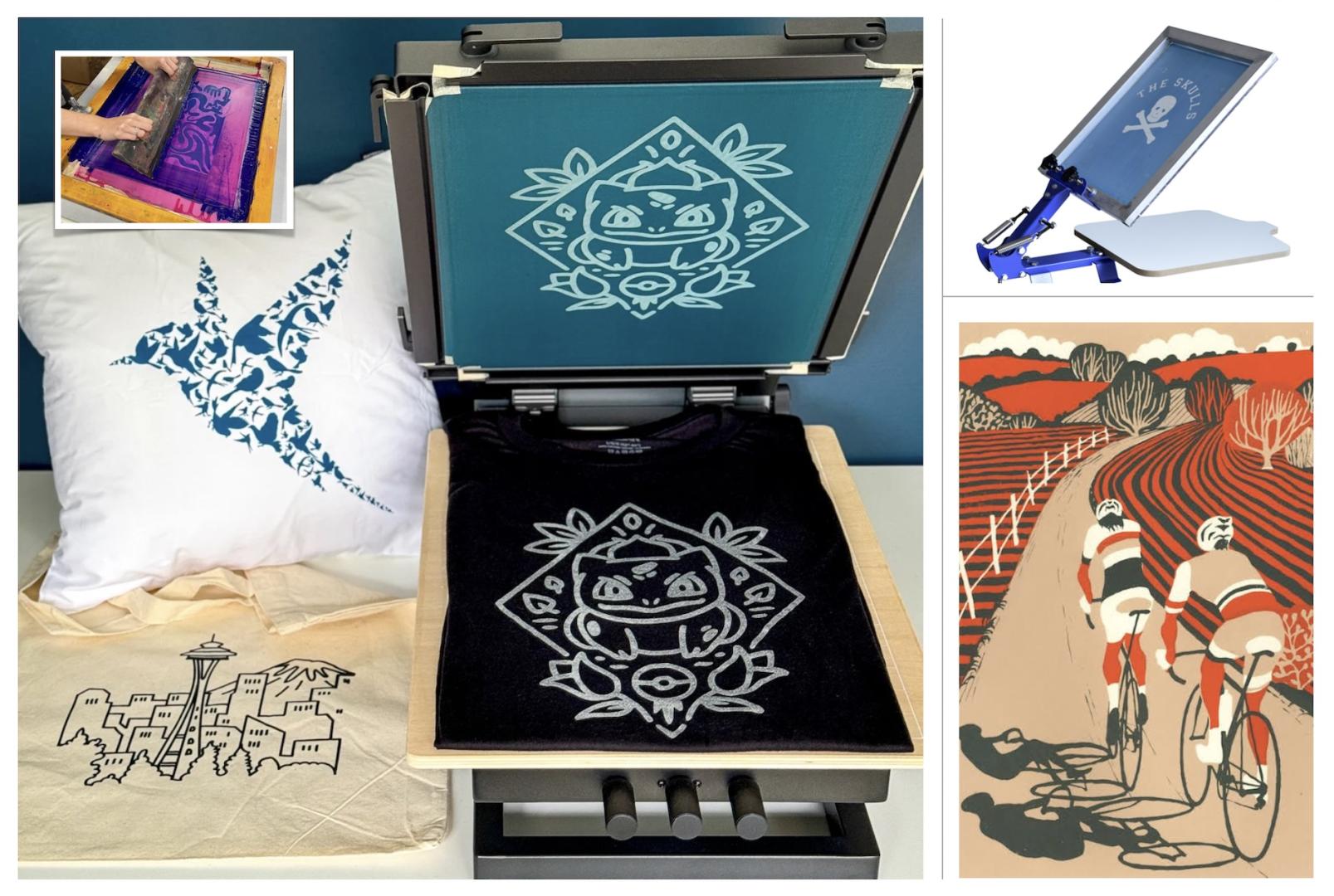 Collage of silkscreening tools and prints